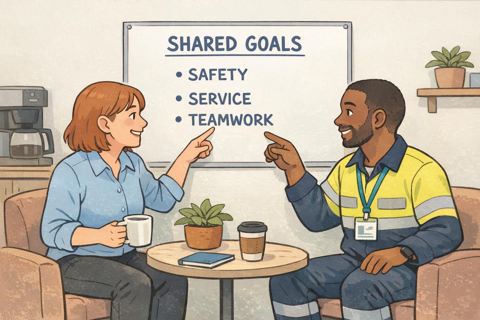 Two employees from different departments discussing a shared project board titled 'Shared Goals,' reinforcing team identity and cross-department collaboration.