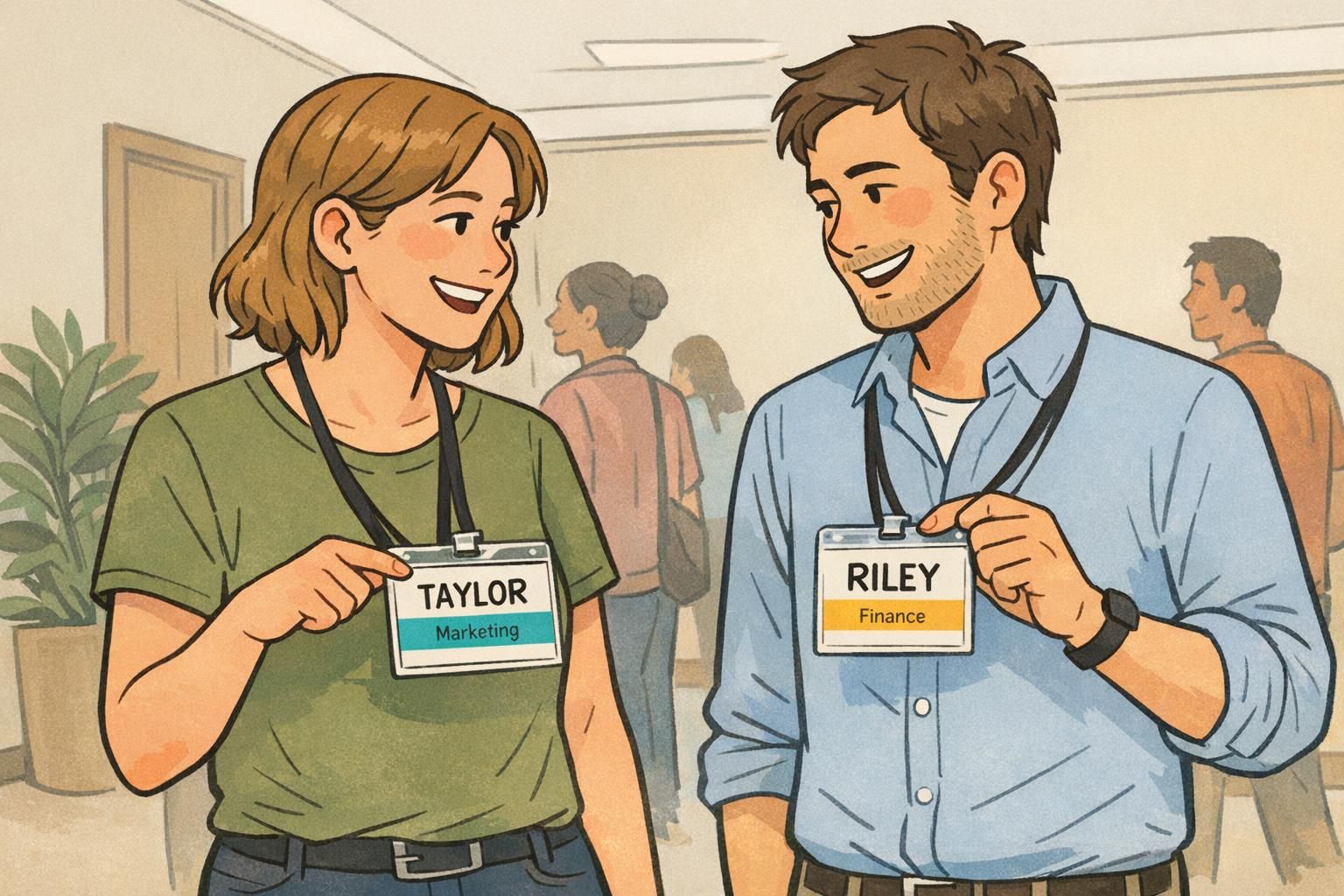 Two attendees in a hallway compare color bands on their company retreat badges to find the right activity group before joining a session.