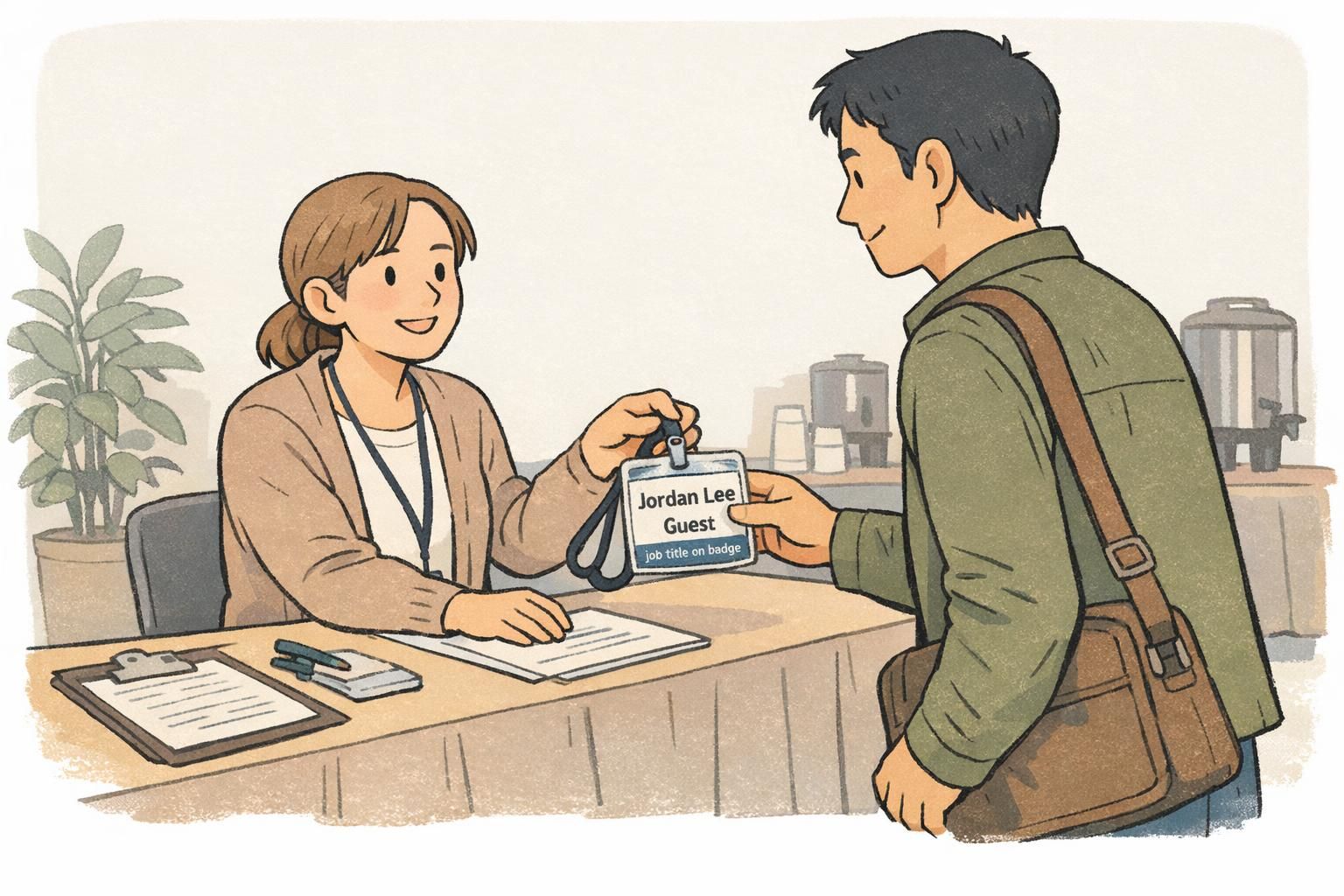 An event check-in scene where staff hand a visitor a badge with a prominent name line and a secondary role/status line for quick recognition.