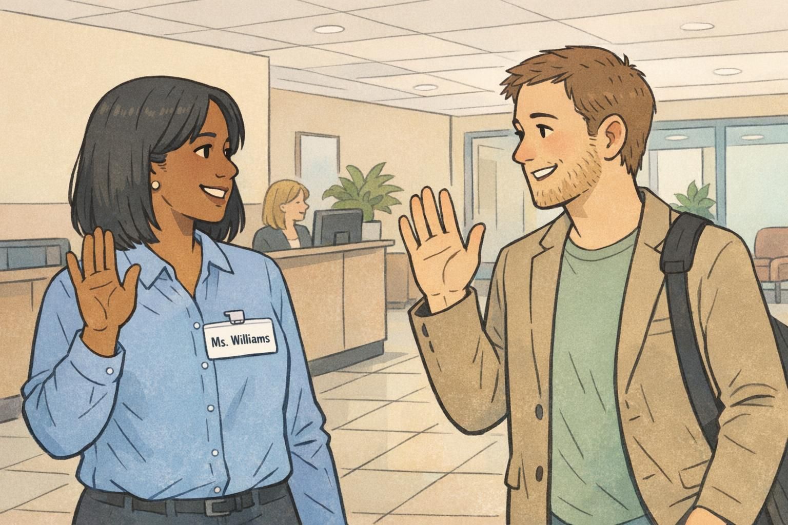Two coworkers greet in an office lobby while one wears a clip-on name tag showing a formal honorific and last name to indicate workplace formality.