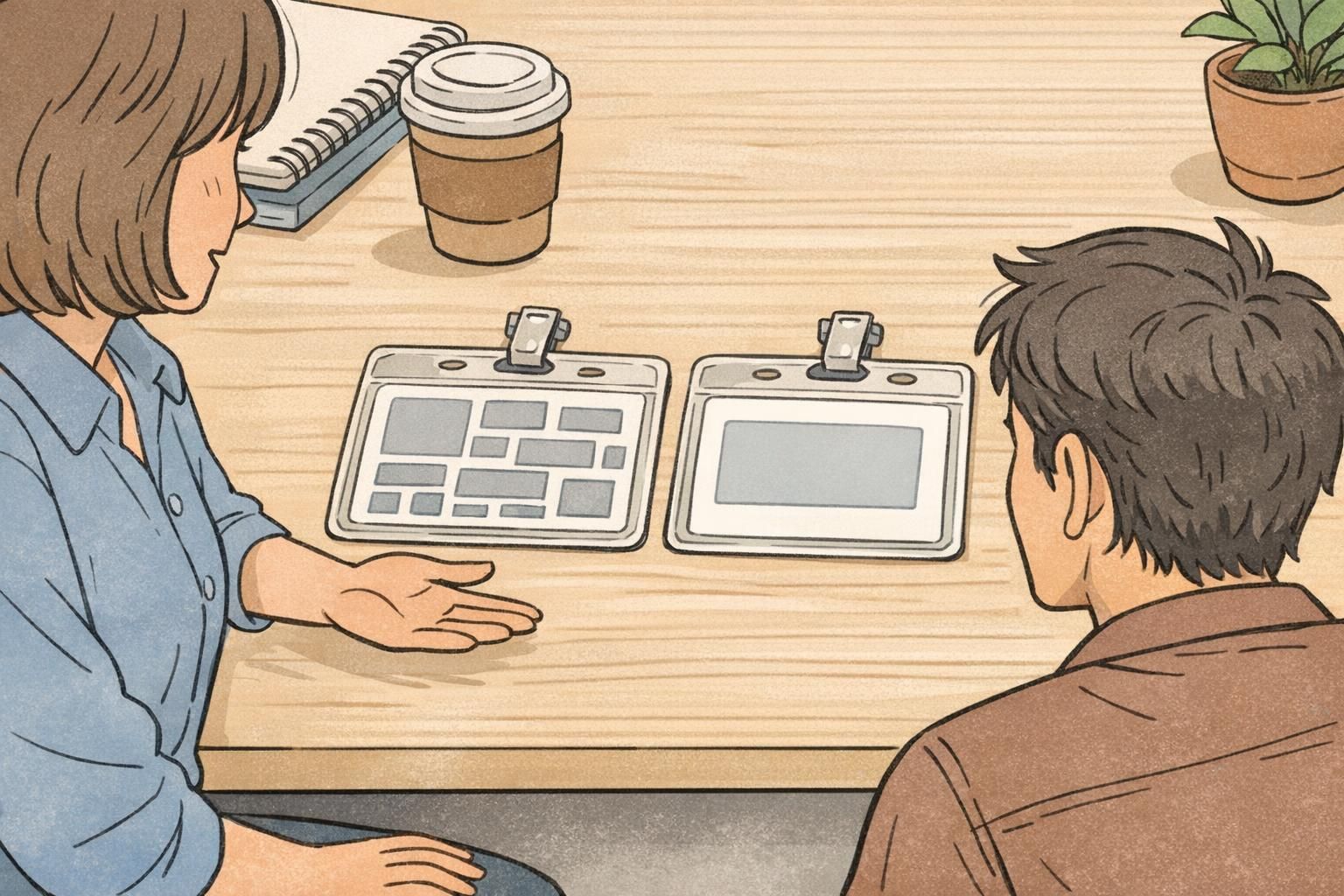 A manager compares two badge layouts—one crowded and one minimal—on a desk to illustrate design choices that protect badge privacy.