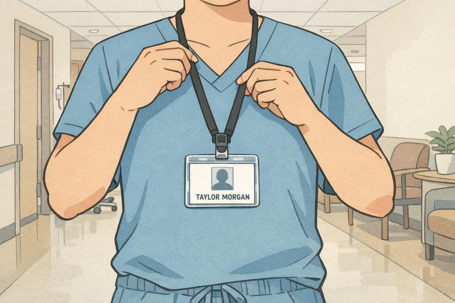 Clinic staff member adjusts a lanyard so the ID badge sits flat and readable, demonstrating no-cover zones for names and photos.