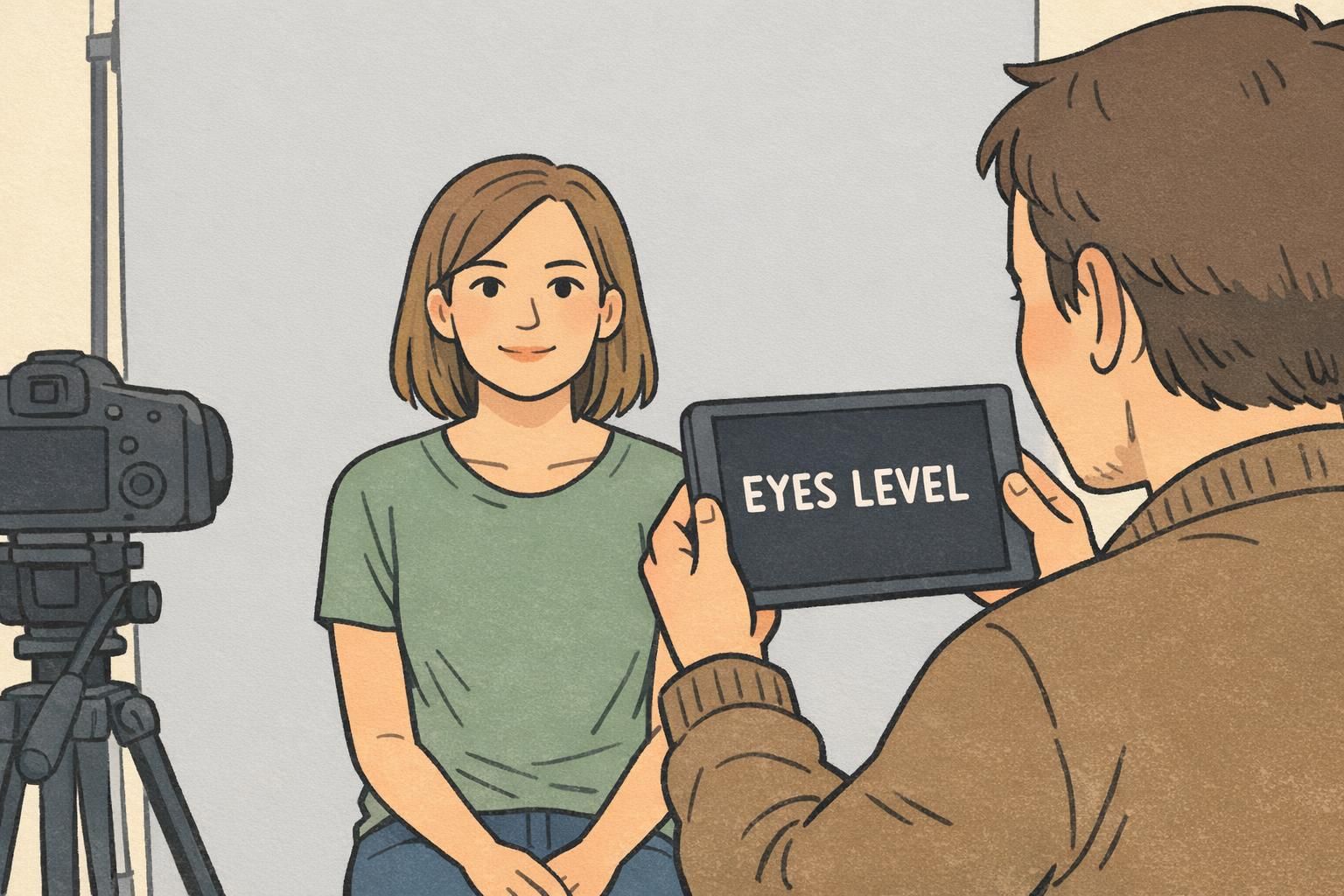 Photographer using an eye-level tablet guide to align the subject's eyes, ensuring consistent headshot framing for reliable employee identification.