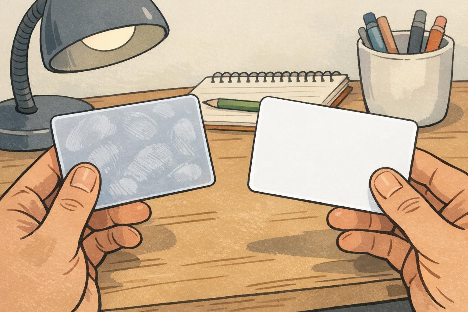 Hands holding two blank cards under a desk lamp showing fingerprints on a glossy surface and a more even matte ID card surface.