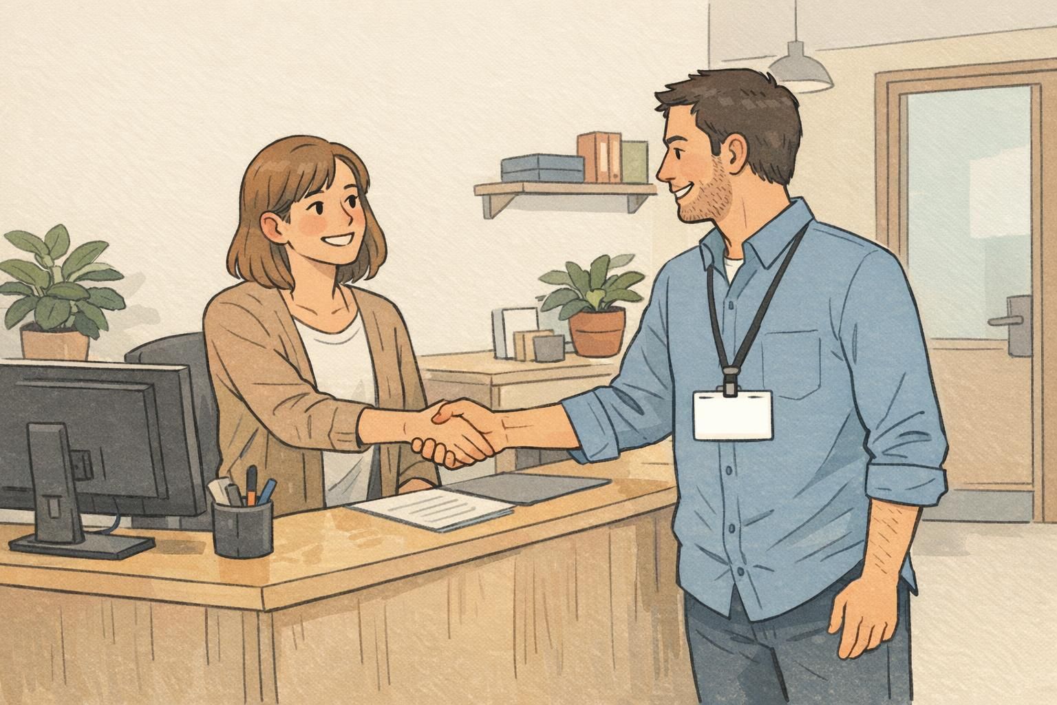 A receptionist greets a visitor whose lanyard badge displays a large-name layout with clear margins and whitespace, illustrating a clean badge design.
