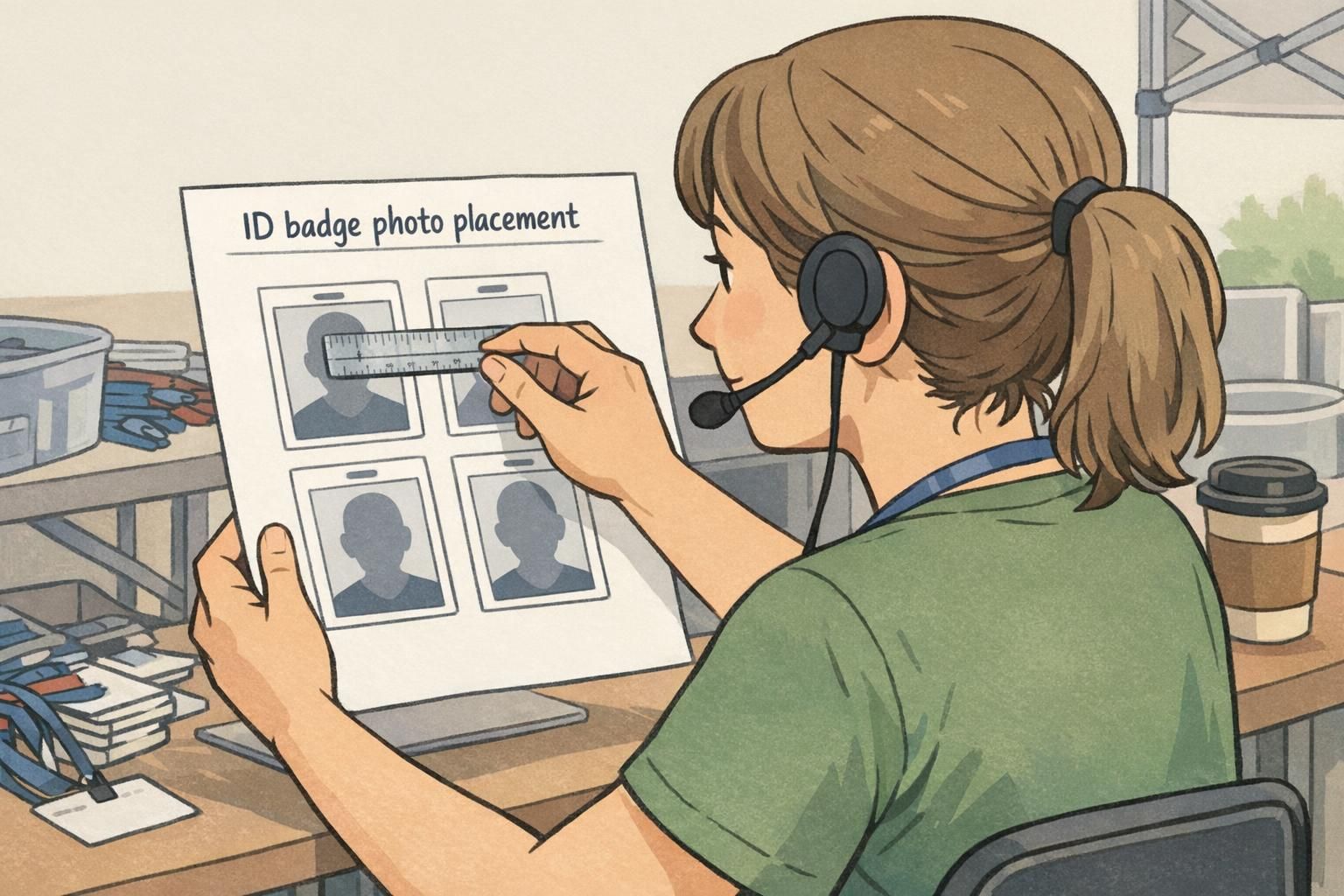 Event staff member examining a printed badge proof and measuring the portrait area to confirm consistent framing and clear employee identification before printing.
