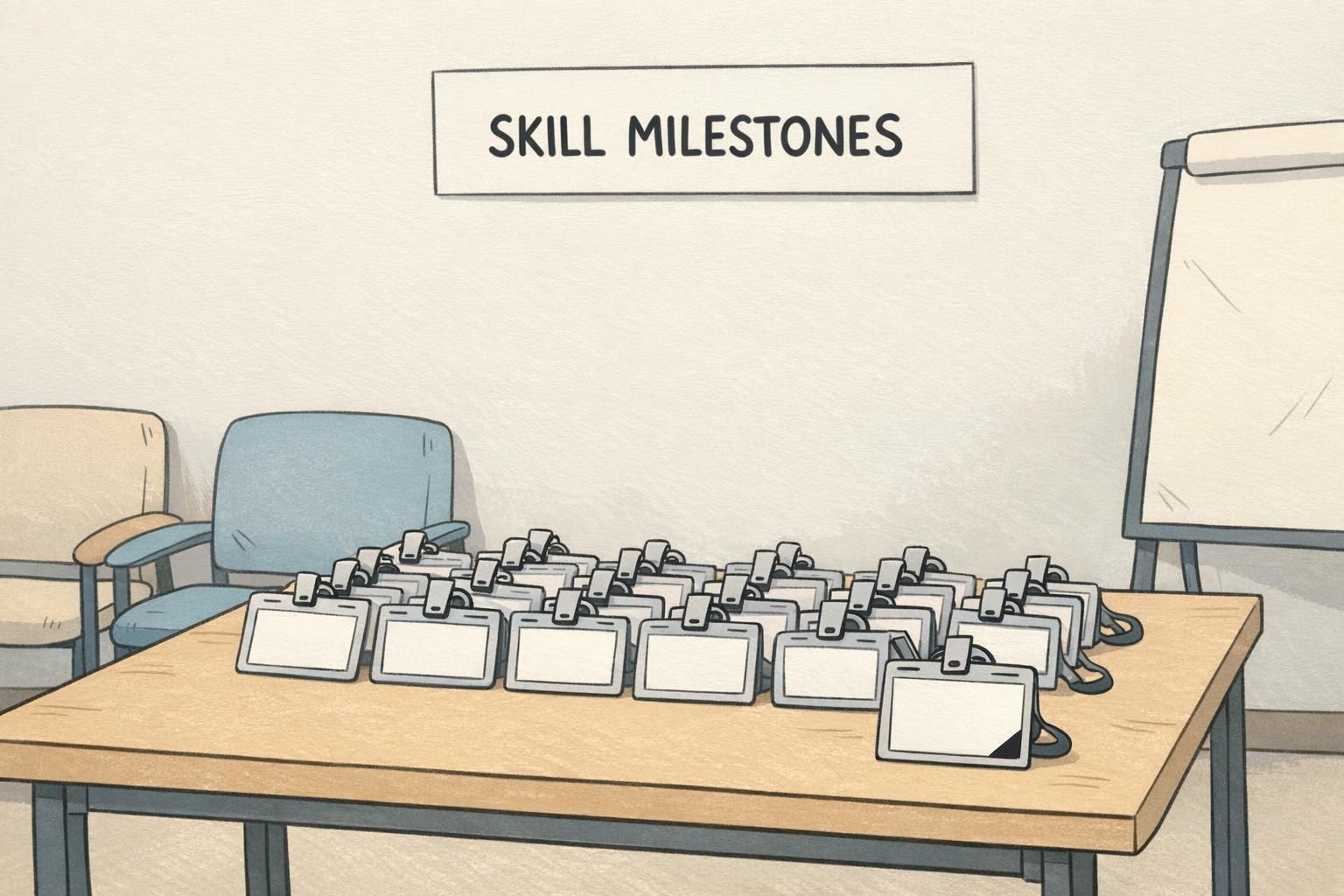 A table with neatly arranged event badges where one badge shows a minimal corner mark used for skill milestones and subtle recognition.