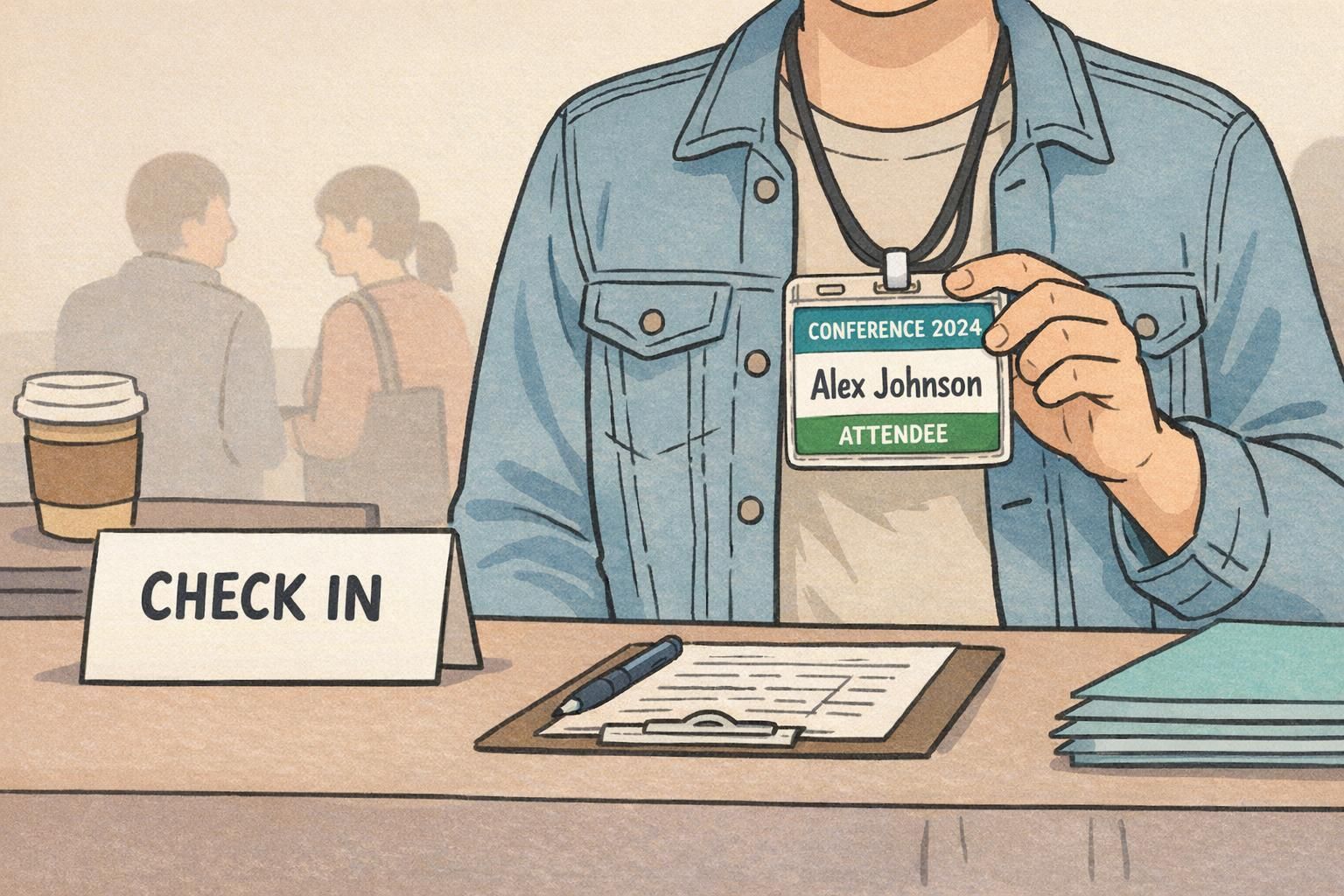 Conference attendee at a registration table wearing a clear, easy-to-read badge front for quick recognition during check-in.