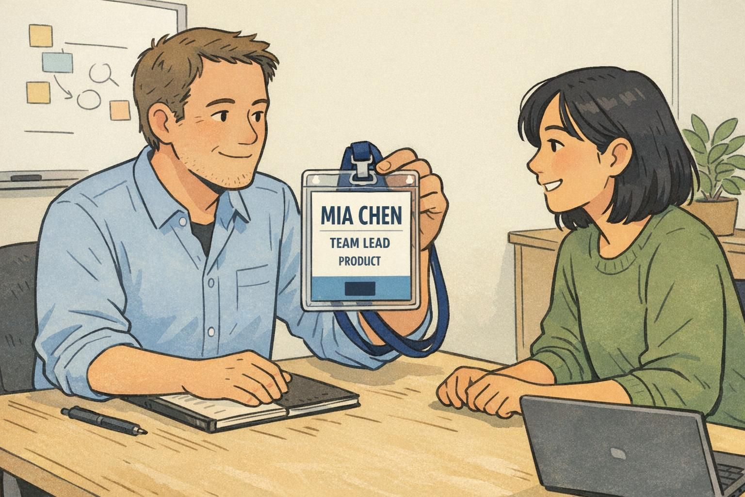 Manager and team member review a draft badge in a clear holder showing a subtle footer strip, a large readable name, and understated badge branding.