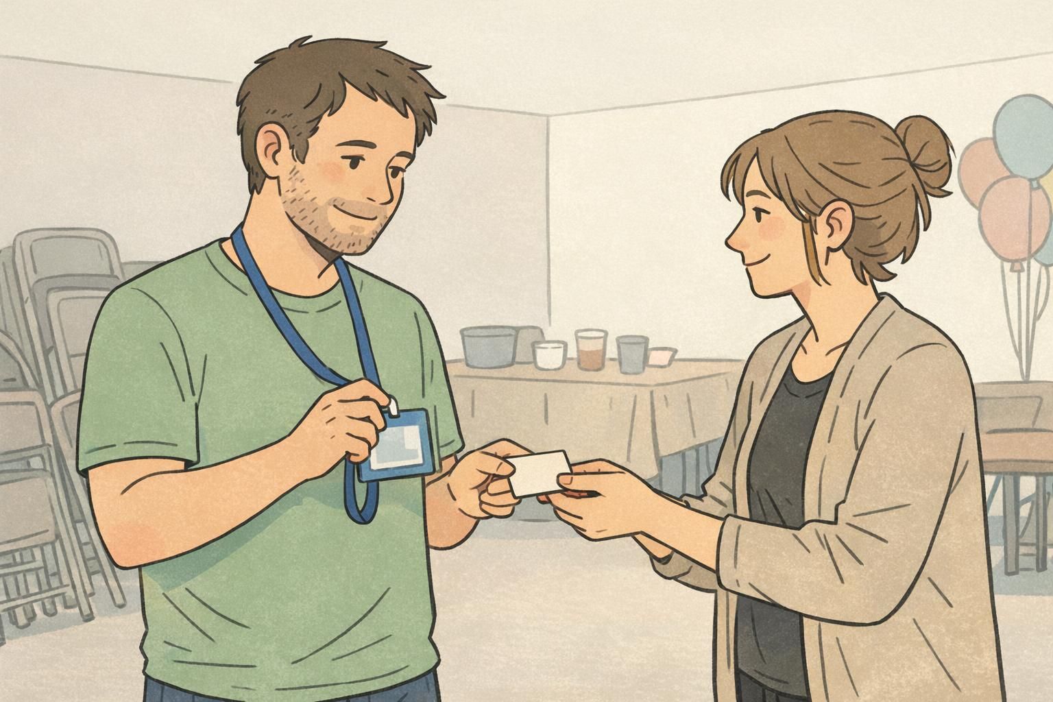 An organizer handing a small thank-you card to a volunteer holding a lanyard after an event as an instance of volunteer recognition.