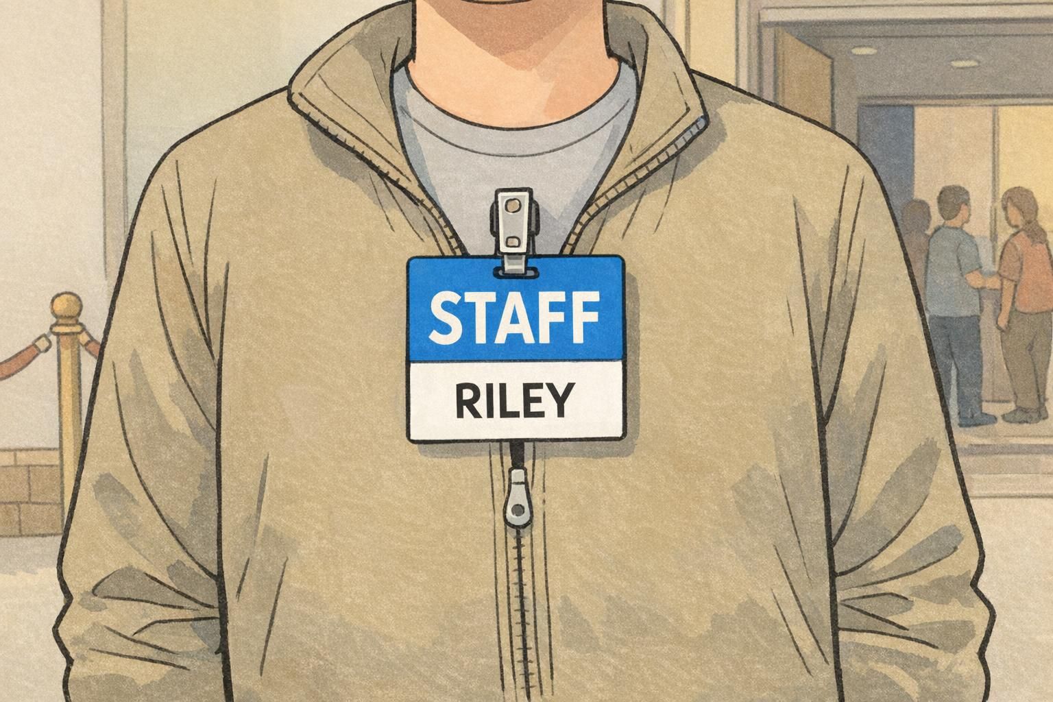 Event staff wearing an ID badge with a bright blue STAFF badge buddy behind a visible first-name ID to show clear role recognition without shrinking the name.