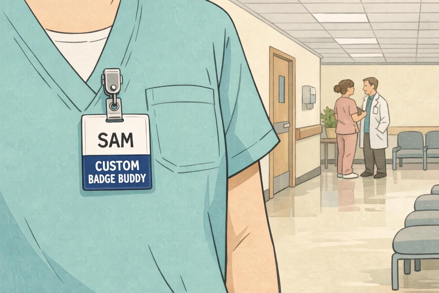 Hospital staff member wearing a rigid backing card behind an ID badge in a straight vertical stack so role text remains visible during patient-facing work.