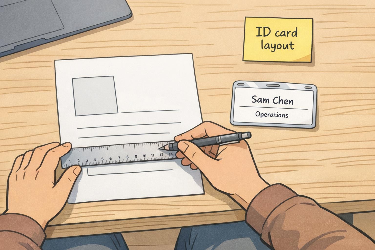 A designer checks spacing on a printed ID card template to review safe margins and an ID card layout that supports two clear text lines for name and department.
