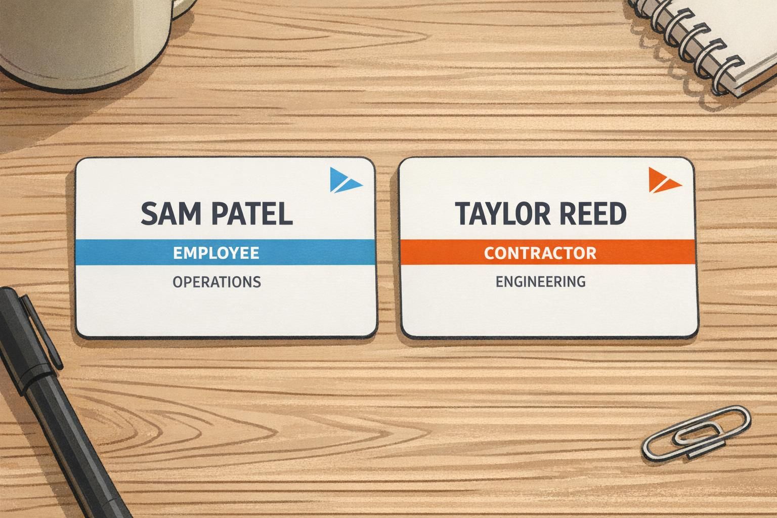 Close-up of two branded ID card variations lying flat, each with consistent corner logo placement, role-based color bars, and a dominant name block.