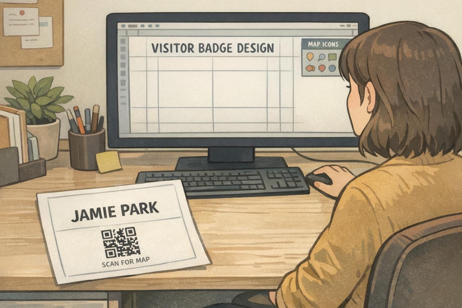 A staff member designing a visitor badge layout on a computer, placing a small map icons area and QR label to balance identity and wayfinding.