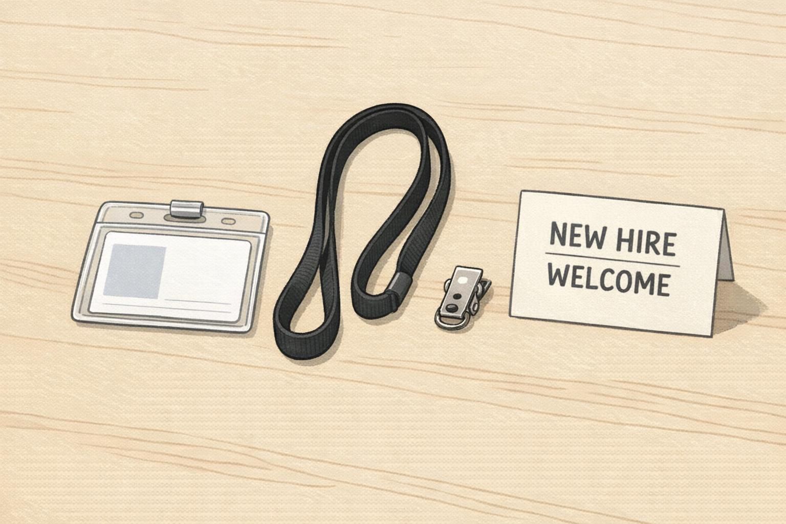 New hire welcome desk setup with an ID badge in a clear holder, a black lanyard, and a metal clip laid out ready for onboarding.