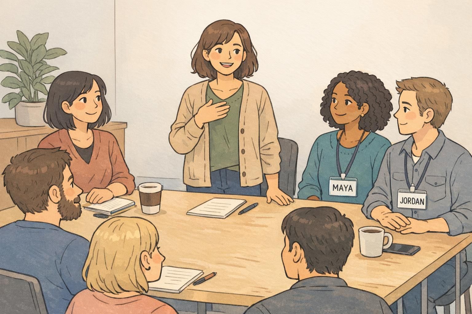 An inclusive team meeting where participants wear readable ID badges on lanyards showing names to make introductions easier.