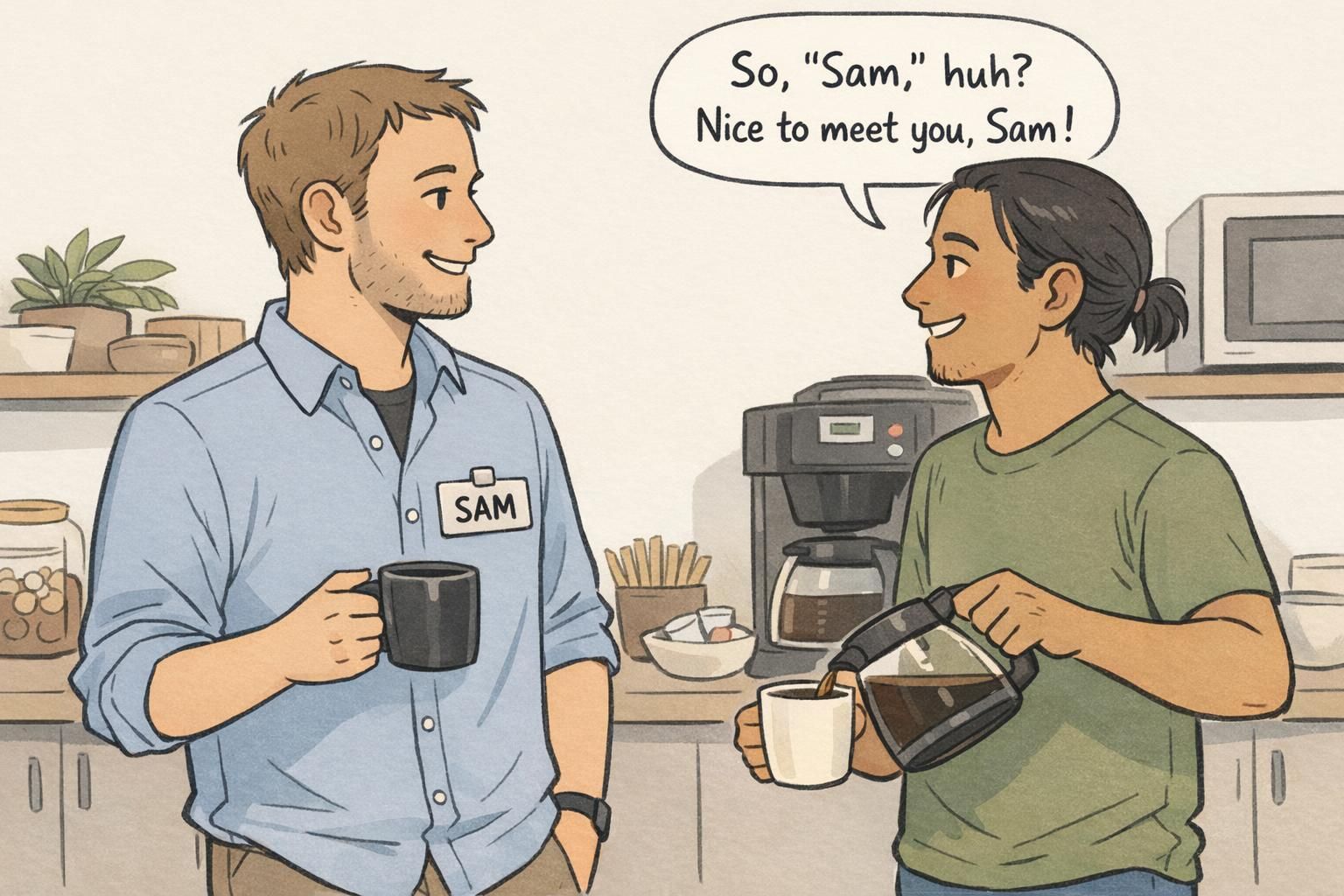 Two coworkers chat in a break room after one notices the other’s visible clip-on name tag reading SAM, sparking an easy conversation.