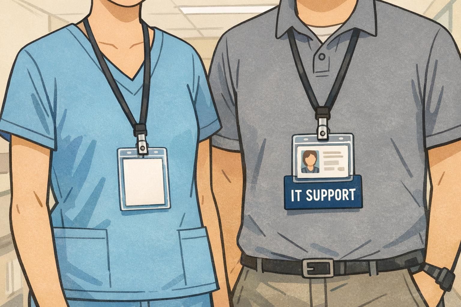 A nurse and an IT staff member stand in a hospital corridor wearing large IDs; the IT staff member has a badge buddy behind the card reading IT SUPPORT.