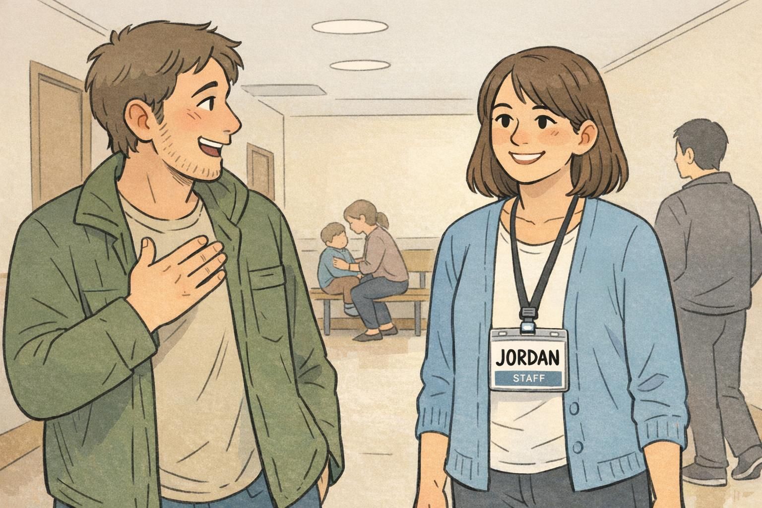A visitor finds the right staff member in a clinic hallway by reading a clear lanyard-mounted ID badge that says JORDAN (Staff).