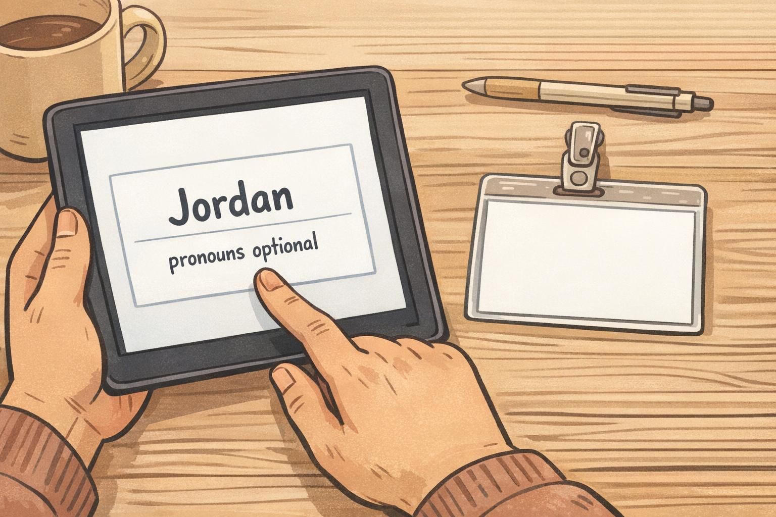 Hands holding a tablet previewing a badge proof that displays the name “Jordan” and a note indicating pronouns are optional.