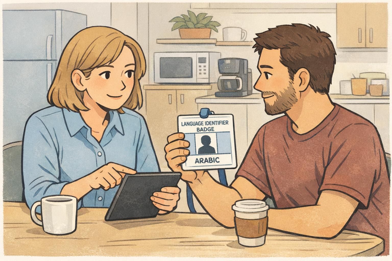 A manager and employee review a badge draft labeled Arabic on a tablet in a workplace break area, discussing layout and placement.