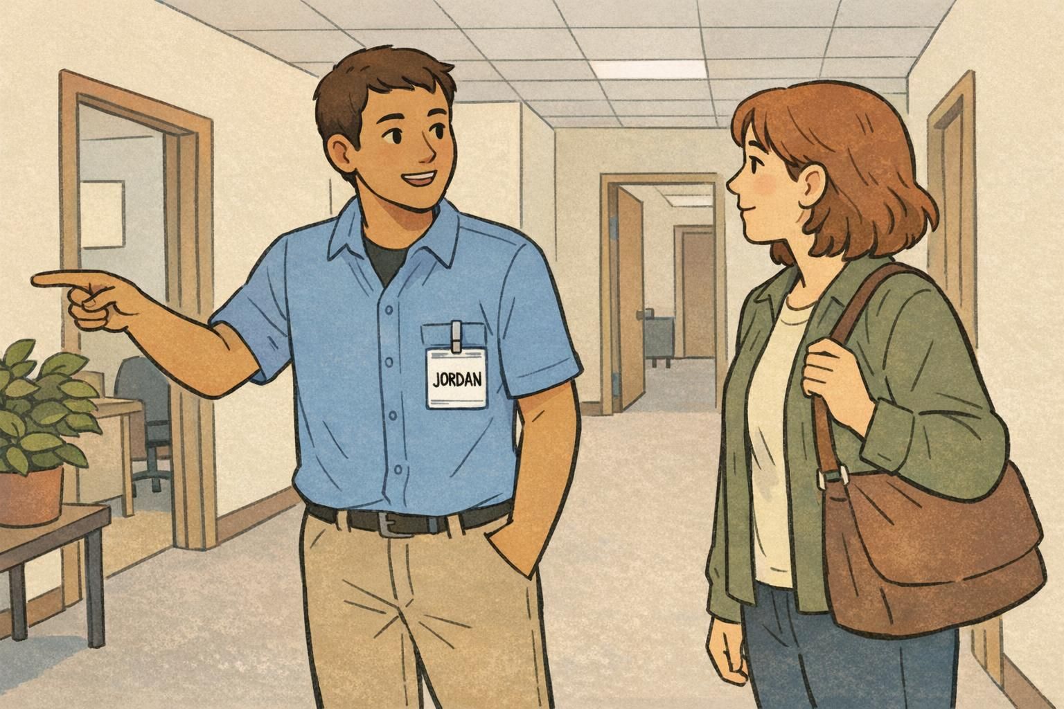 An employee guiding a visitor down a workplace hallway while wearing a vertical ID badge clipped to a pocket, showing the employee's readable first name.