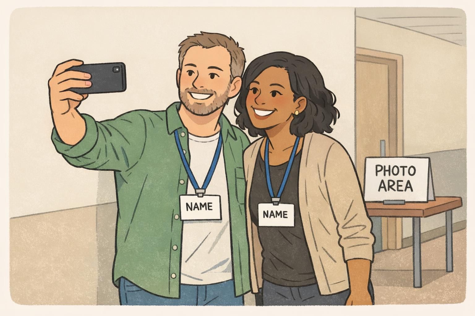 Two people taking a selfie that highlights a readable name on a conference badge layout, showing clear text against a light background.