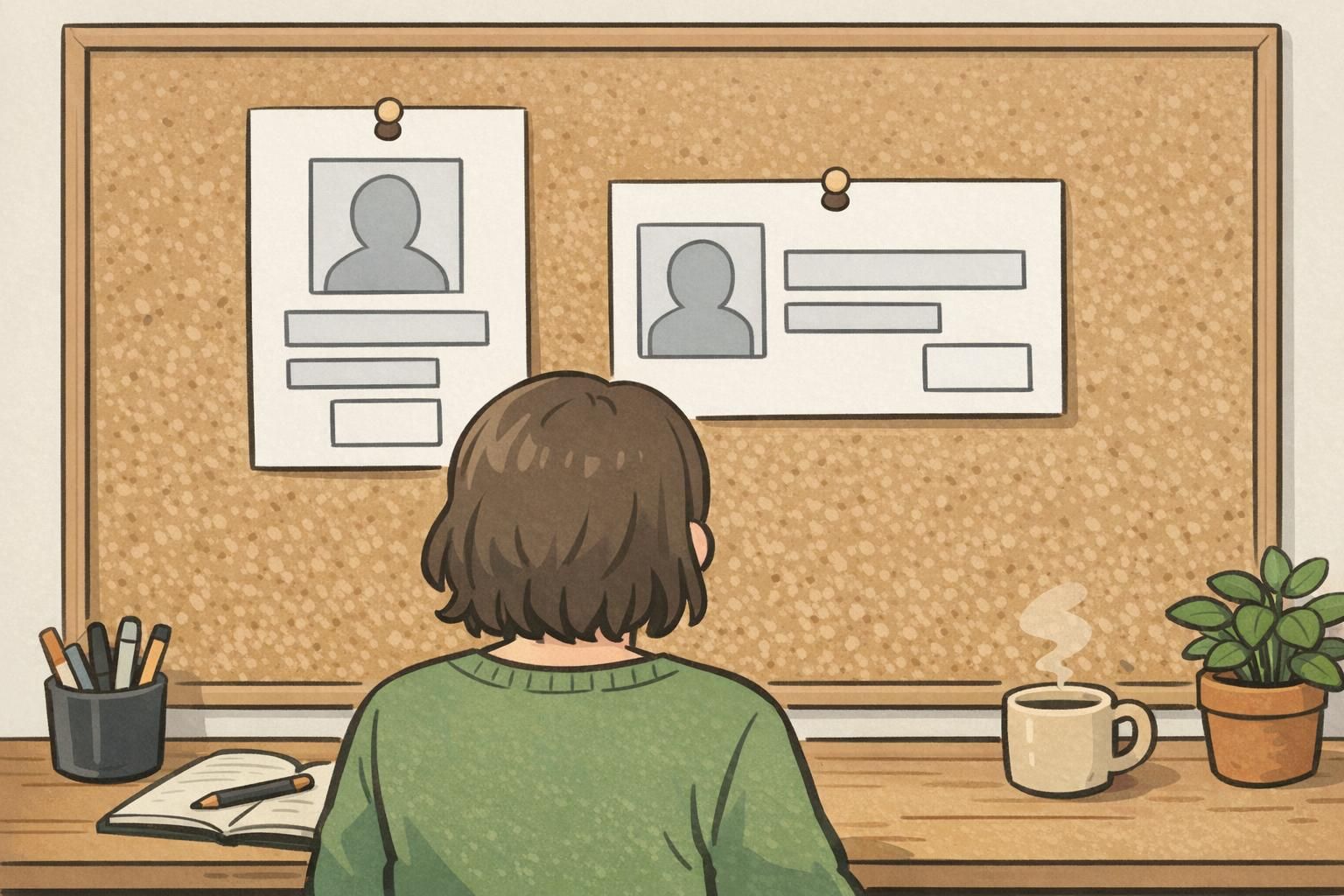 Designer at a desk reviewing portrait and landscape badge mockups pinned to a board with slot-punch safe areas indicated.
