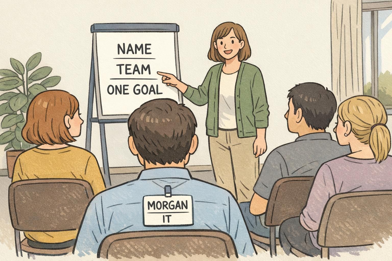 A facilitator points to a simple introduction poster while attendees listen, all wearing clip-on badges with large names that match the intro format.