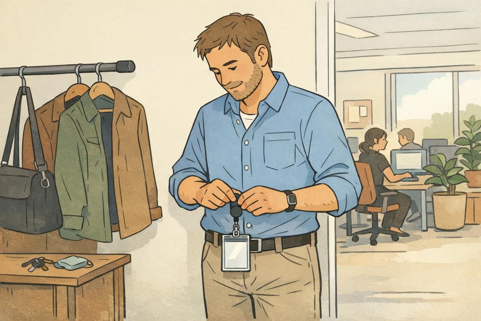 Team leader puts on a straight, visible ID badge on a retractable clip before entering a shared workspace, reinforcing the leadership badge policy.