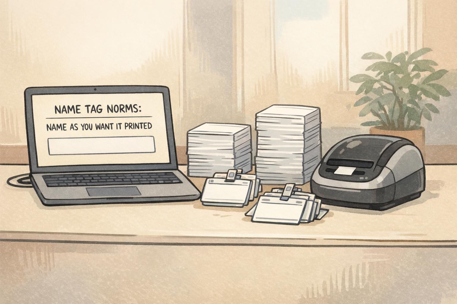 Event registration desk with a laptop form field labeled for a person’s preferred printed name next to stacks of blank badges and a label printer for quick reprints.