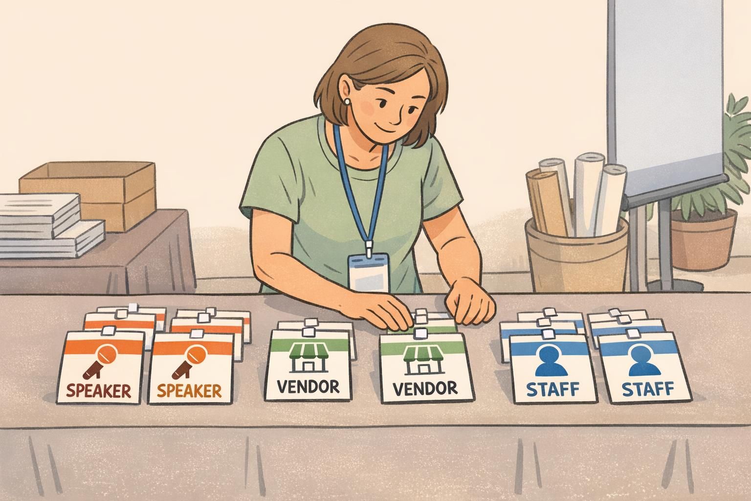 A volunteer organizes conference badges on a table, each labeled SPEAKER, VENDOR, or STAFF with a matching simple icon to create clear visual cues for event roles.