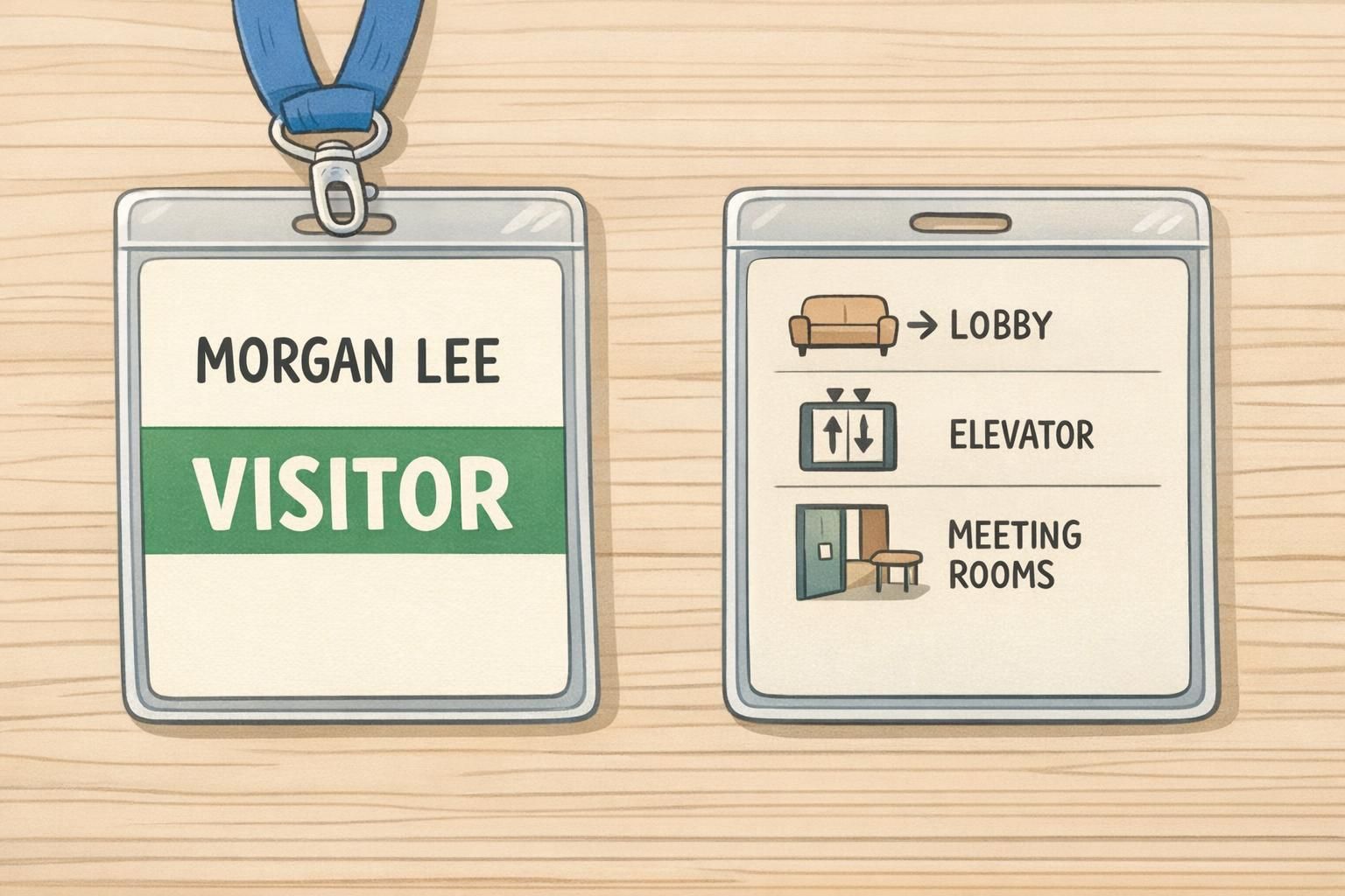Two-sided visitor badge laid flat showing identity on the front and a minimal micro-map on the back with lobby and elevator icons to support wayfinding.