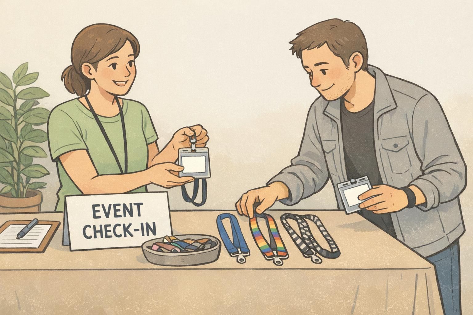 Event check-in where an attendee chooses from approved lanyard designs while receiving a clear, readable event badge that preserves identification fields.