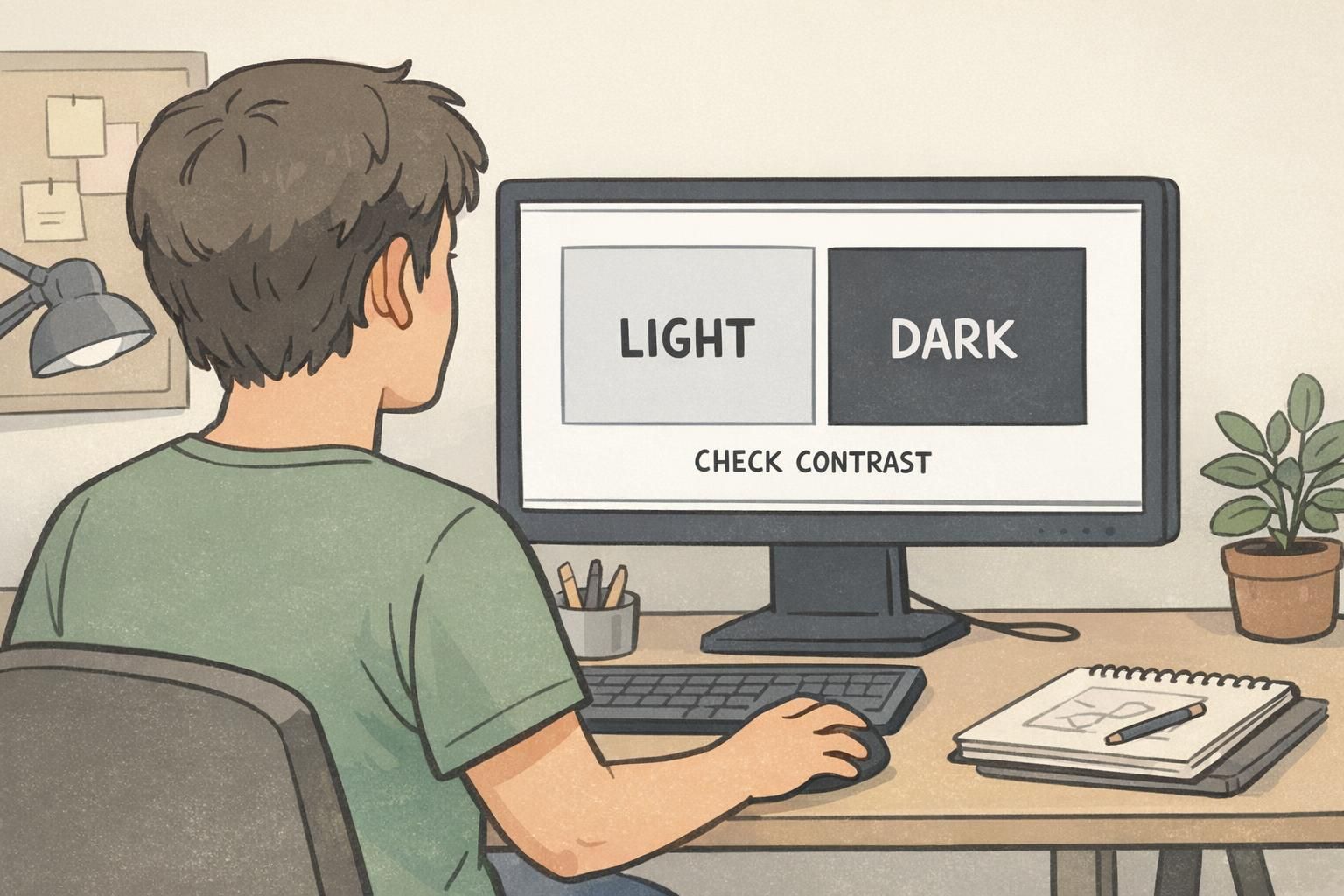 Designer viewing a grayscale badge layout on a monitor to evaluate contrast and confirm that names and roles stand out before adding color.