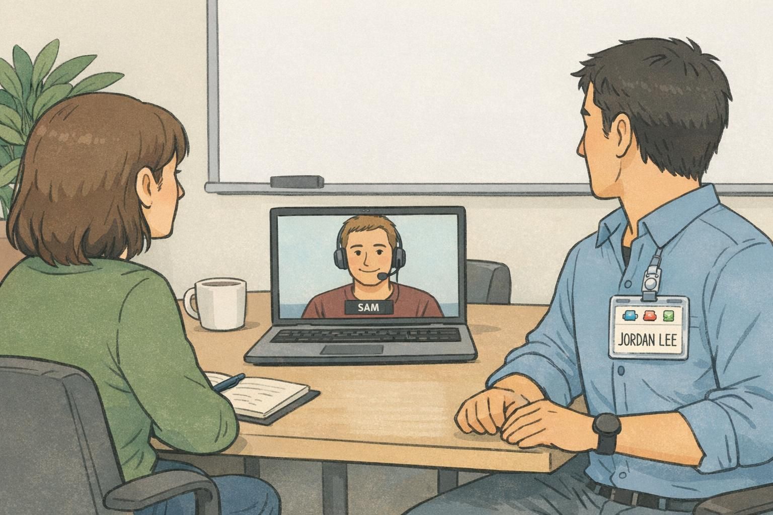 A conference-room meeting with in-room participants and a remote colleague on a laptop; an in-room attendee wears a clipped badge for easy identification.