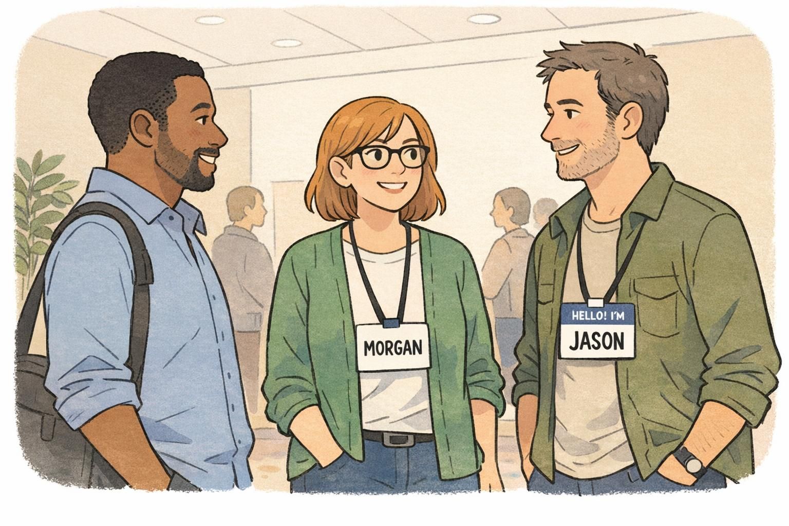 Three adults networking in a conference hallway, one wearing a visible name badge on a black lanyard with the badge facing forward for easy recognition.