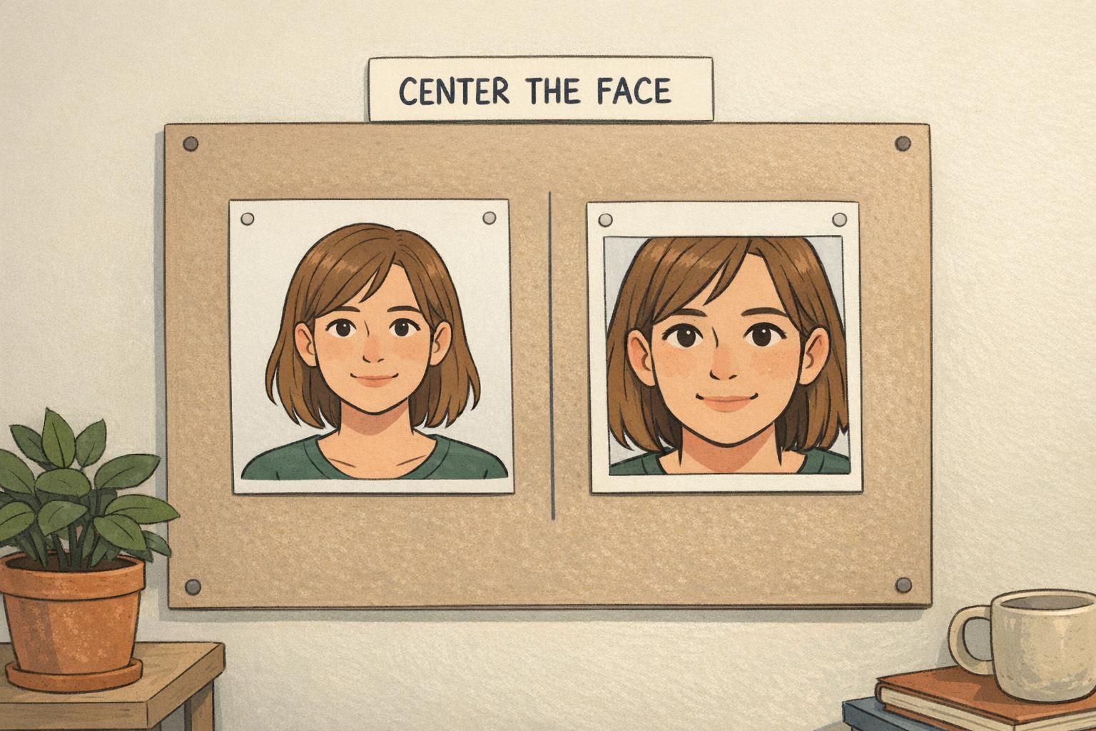 Side-by-side comparison board showing a correctly centered headshot next to a too-tight cropped portrait, demonstrating correct and incorrect photo placement for badges.