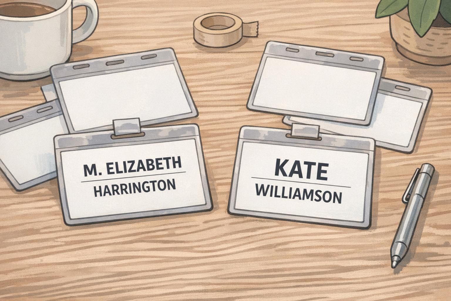Close-up of printed badge mockups demonstrating abbreviation and preferred-name formats to preserve legibility for long names.