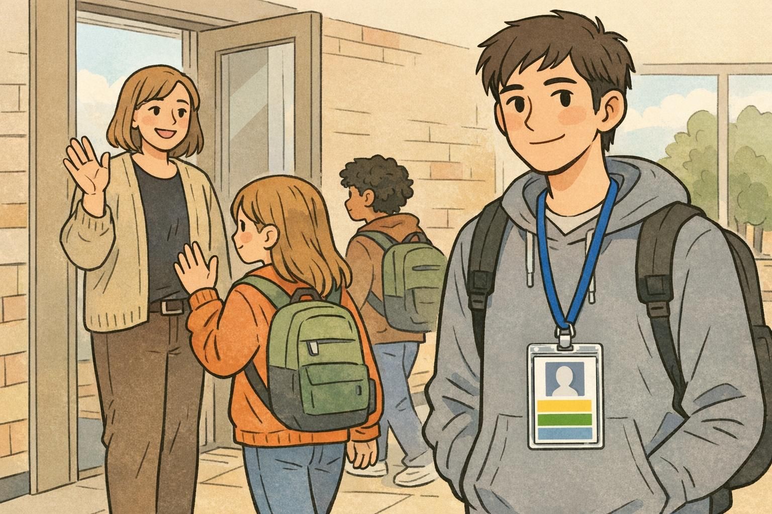 Student wearing a vertical ID badge on a blue lanyard in a school entryway.