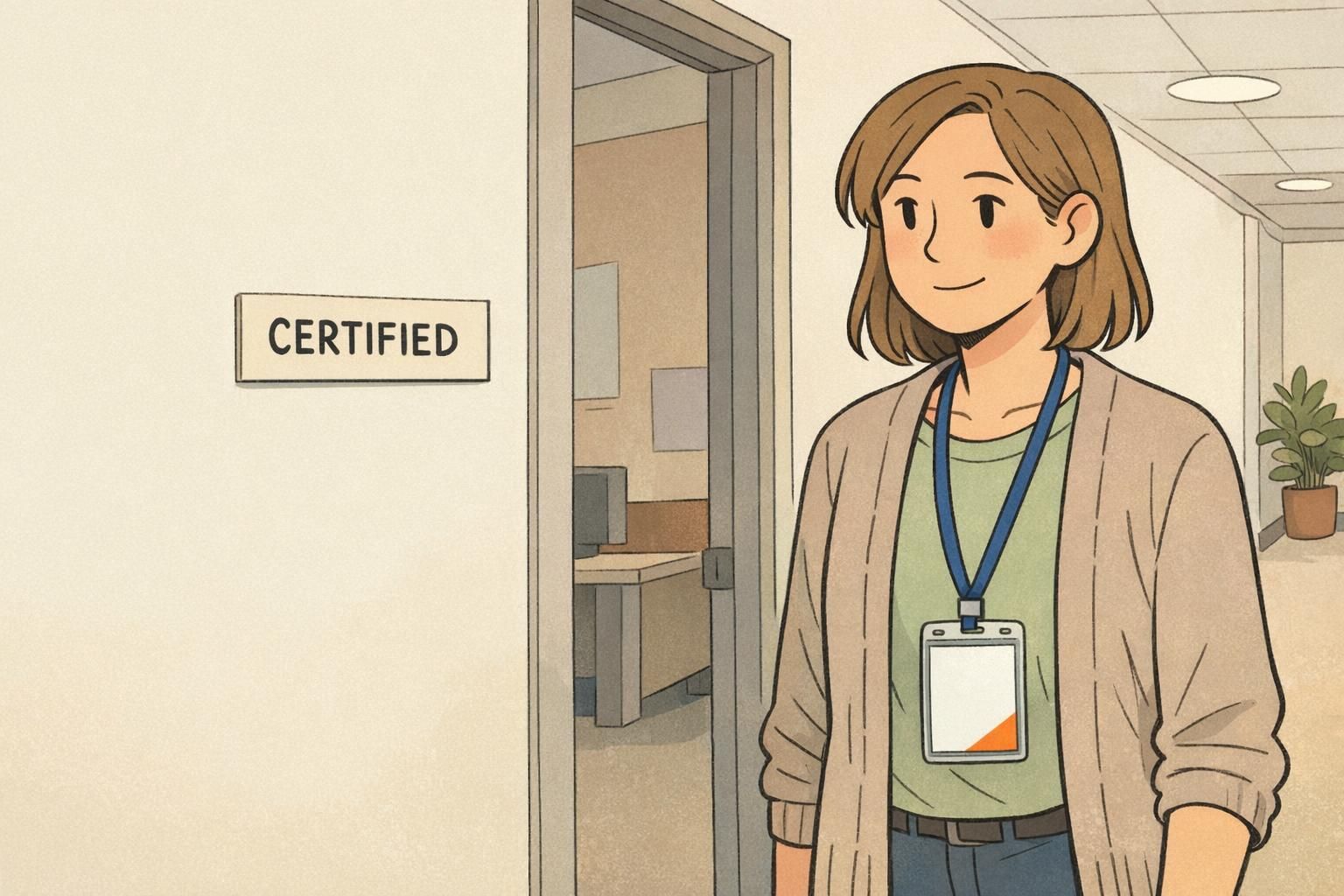 An employee in a hallway wearing a lanyard and ID with a discreet corner stripe that signals a certification badge level without crowding the layout.