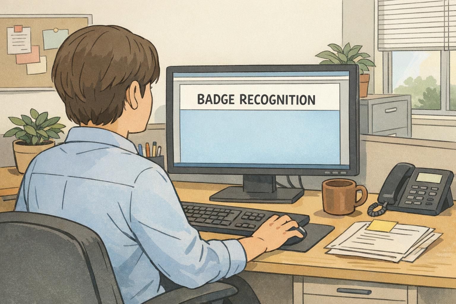 Manager at a desk updating a digital ID template that includes a dedicated area for consistent badge recognition markers during rollout.