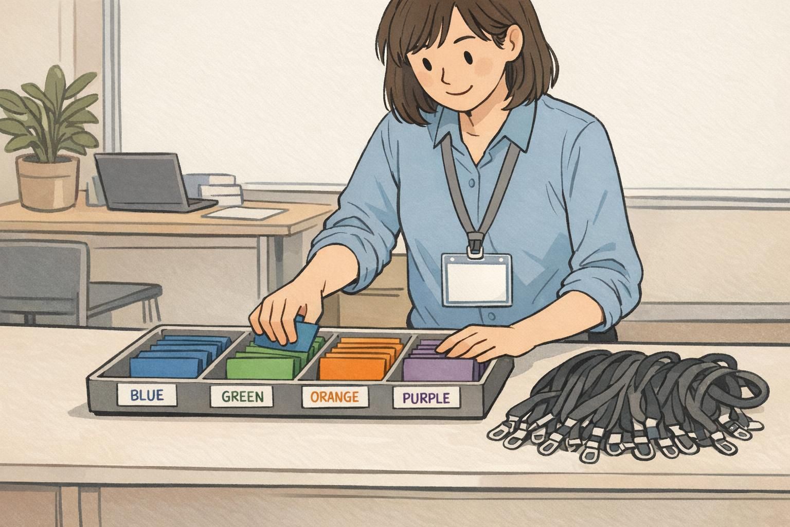 Event check-in desk with organized trays of badge backer colors (blue, green, orange, purple) and blank lanyards prepared for quick distribution.