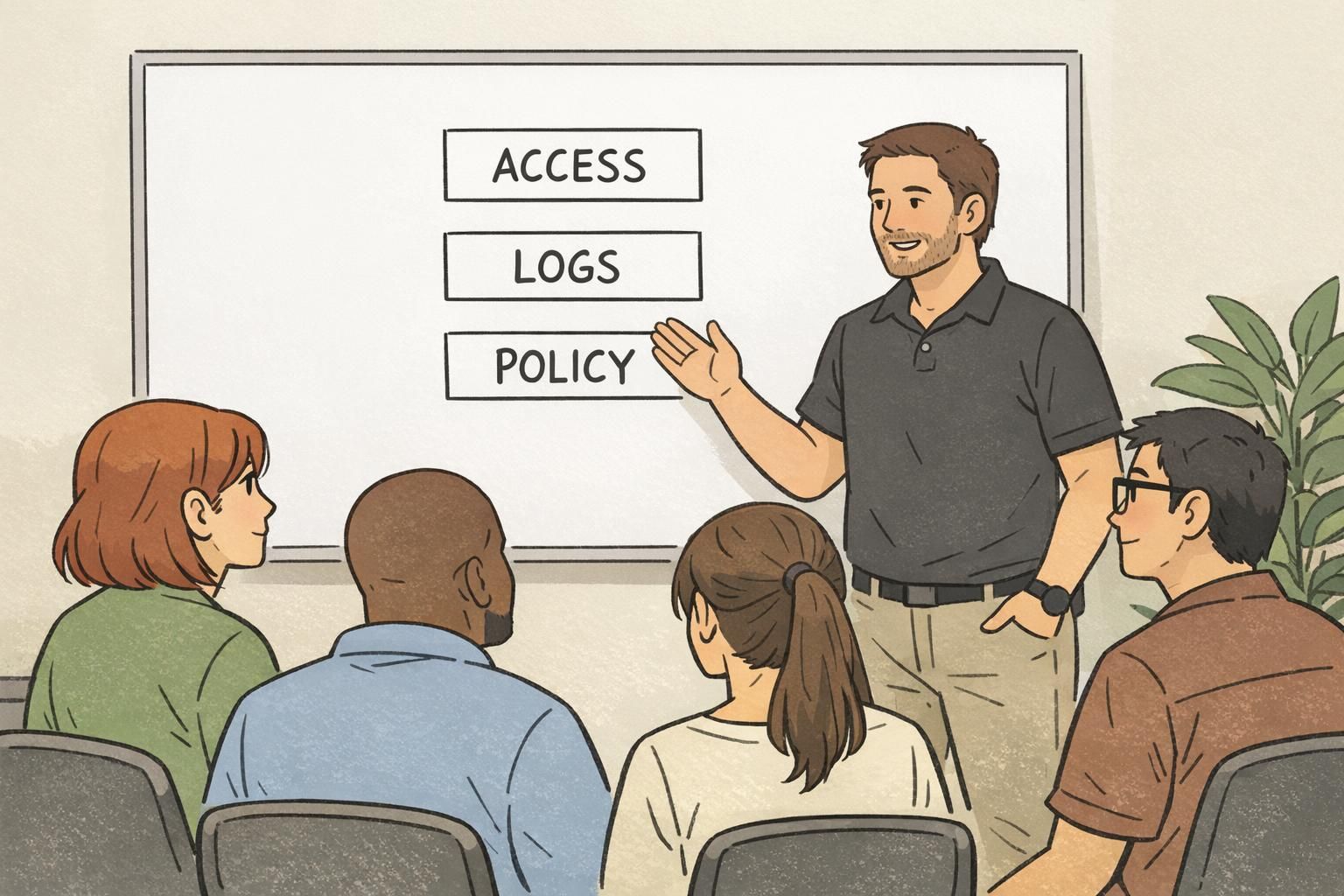 A security lead explains labeled boxes for ACCESS, LOGS, and POLICY on a whiteboard during a calm team discussion about how access badges are used.