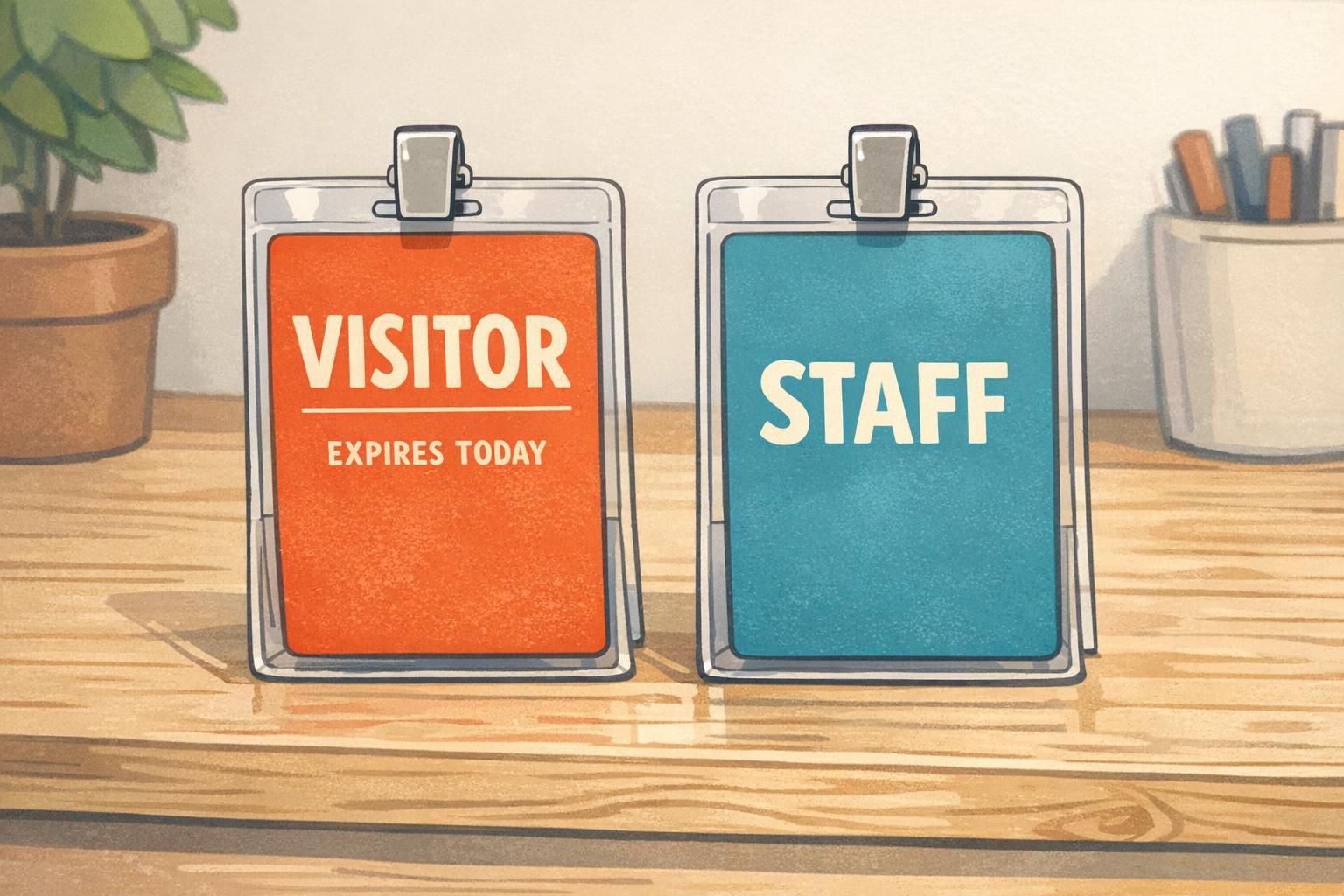 Two color-coded badges on a counter—one labeled VISITOR and one labeled STAFF—demonstrating quick recognition and the visual differences used for visitor badges.