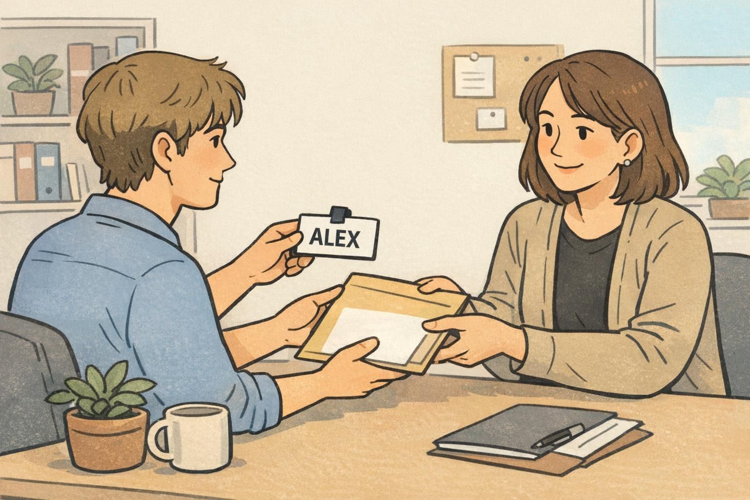 A new employee at an onboarding desk receives a clip-on name tag from HR that clearly displays the name ALEX.