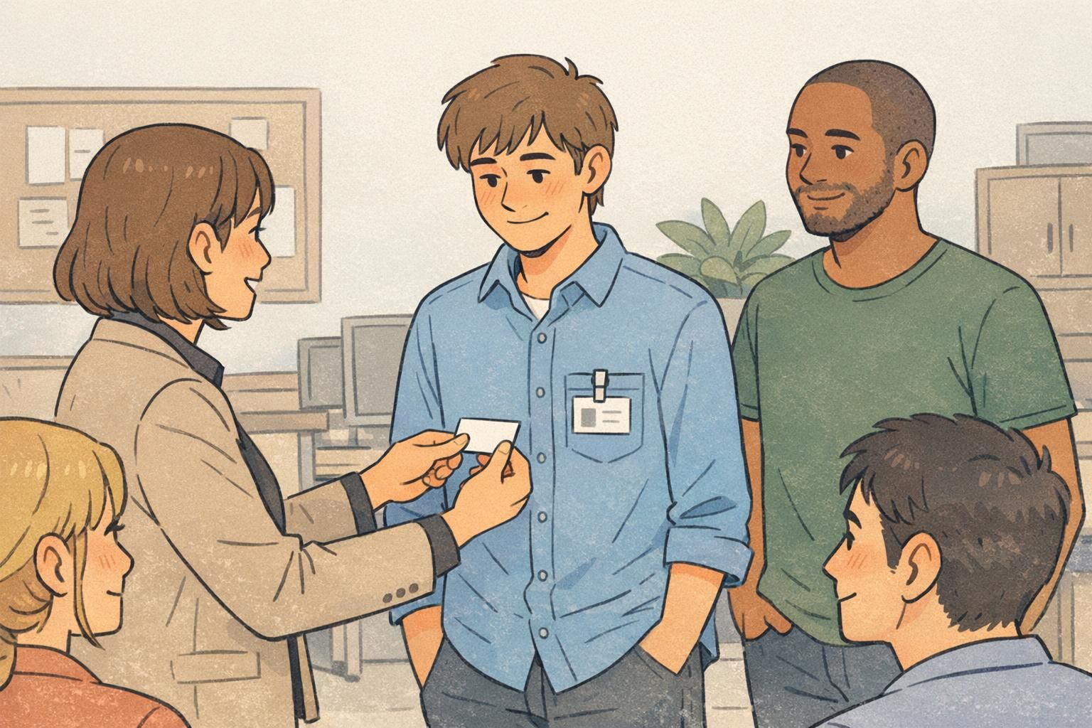 A manager handing a small recognition card to an employee who wears a visible ID badge on a clip, reinforcing workplace morale without competition.