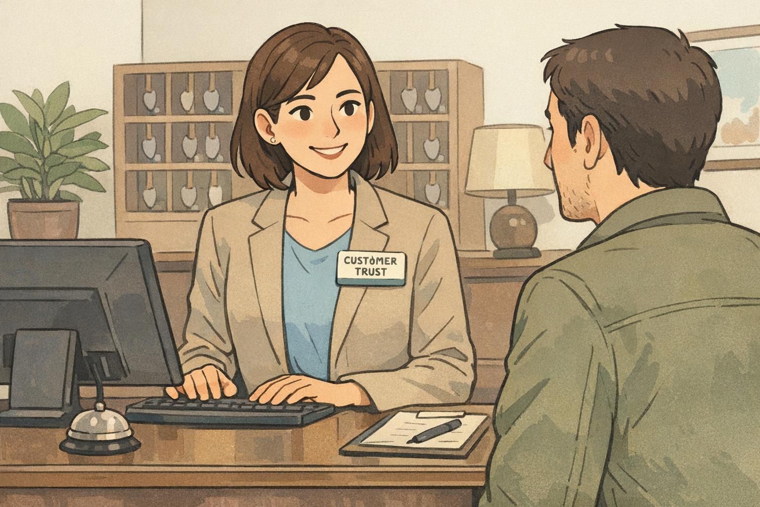 Hotel front desk employee wearing a clipped name tag on the upper chest assisting a guest at reception.