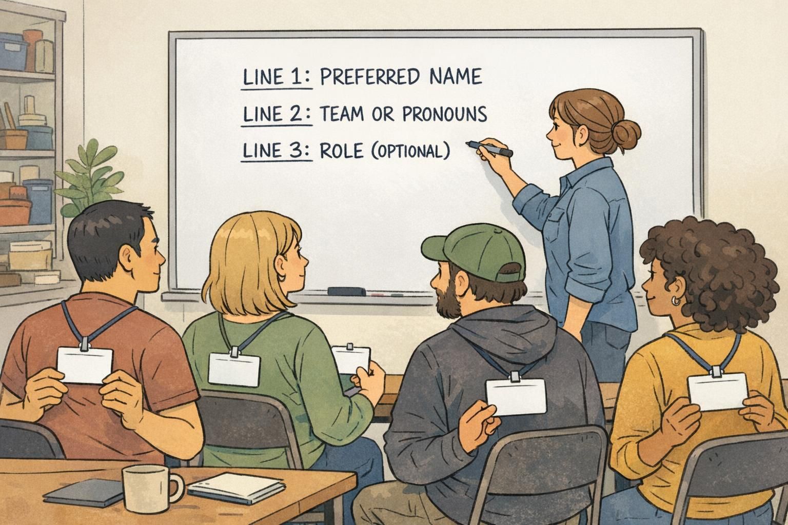 Instructor draws a flexible three-line badge template on a whiteboard showing preferred display name, team or pronouns, and an optional role for clear formatting.